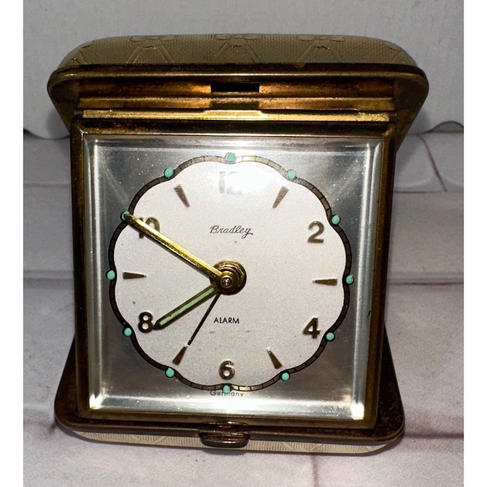 Vintage Bradley Travel Alarm Clock Gold Tone Floral Case Western Germany MCM